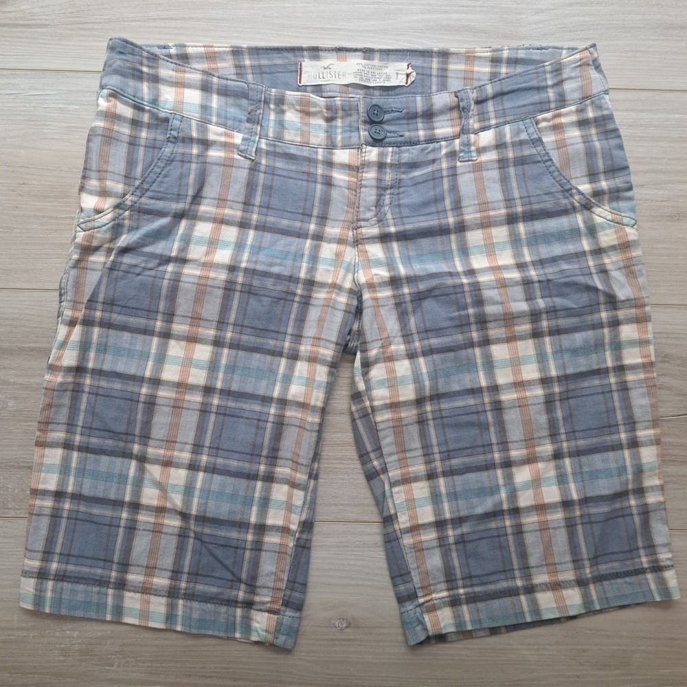 Hollister Y2K Plaid Bermuda Shorts Blue Tan Low Rise Stretch Cotton SIZE 1